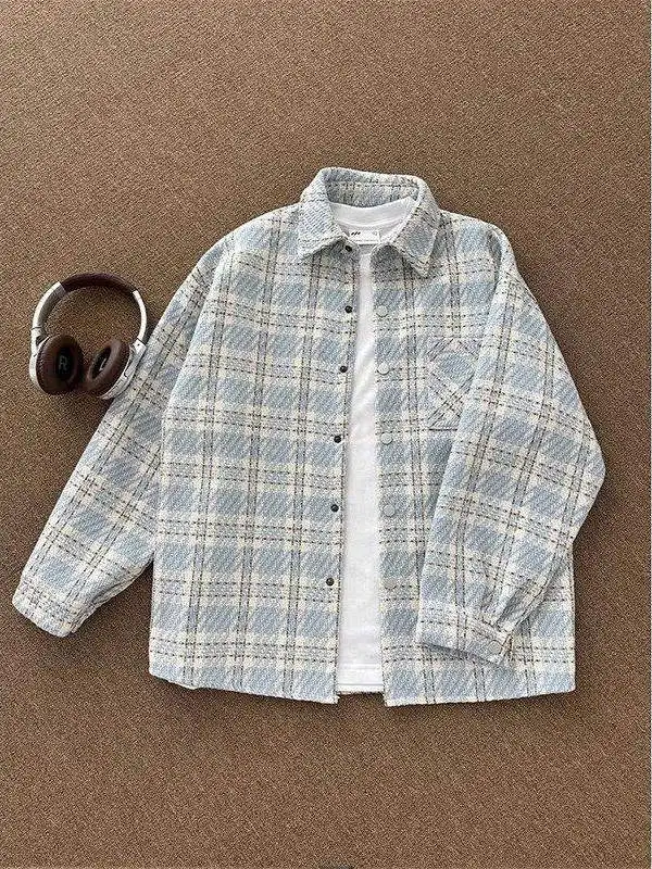 

Blue Plaid Men's Jaet Spring Autumn High Sensation Turn Collar American Cleanfit irt Loose Fit Button Detail Youth Trend