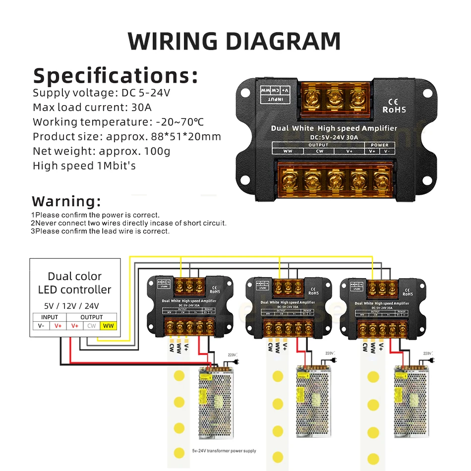 Amplificatore PWM ad alta velocità a LED bicolore DC 5V 12V 24V 30A guscio in ferro per Controller Dimmer per strisce CCT a 2 canali a bassa tensione