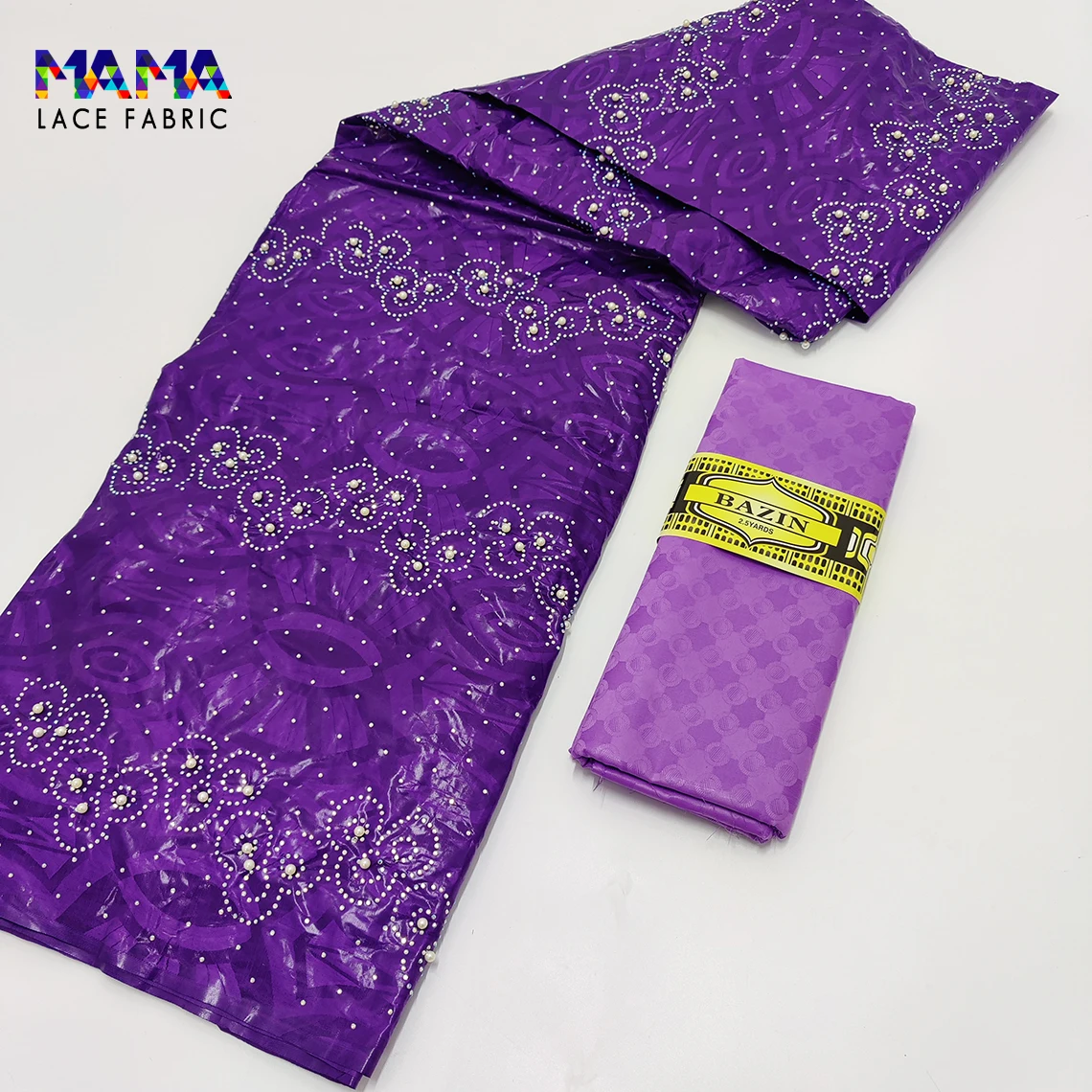 Imagem -06 - Tecido Jacquard com Contas e Pedras para Mulheres Africanas Material de Bacia Roxo Nigeriano Festa de Casamento Vestido de Noiva Costura Bazin Riche