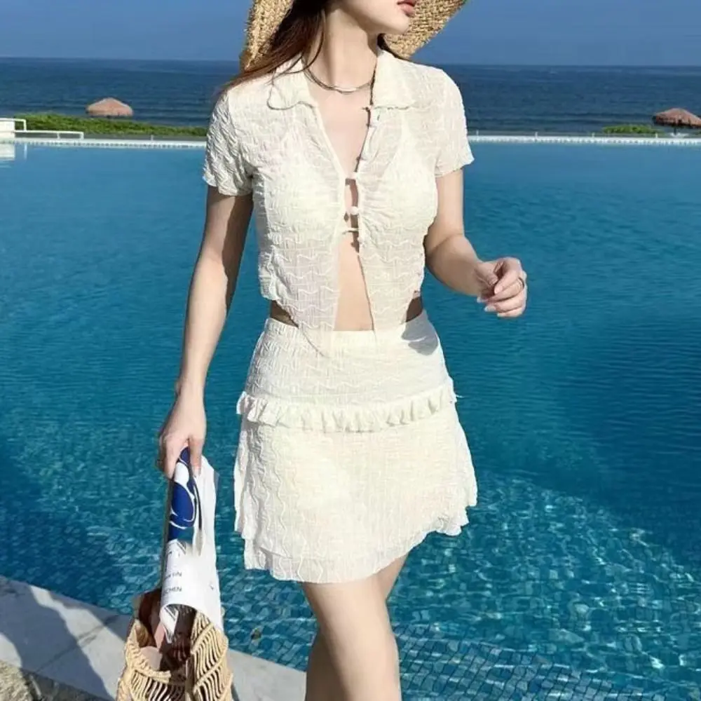 

Slim Fit Short Sleeve Swimsuit Hollow Out Transparent Bikini Bathing Suit Beachwear Clothing Ruffle Three Pieces Swimwear Set
