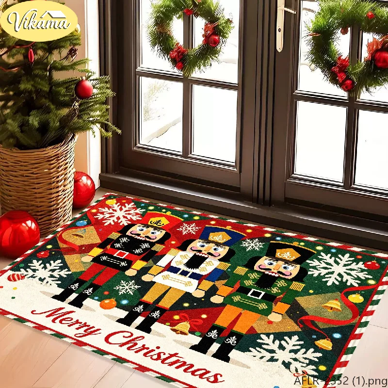 VIKAMA Christmas Nutcracker Doormat Snowflake Decorated Ball Bell Welcome Rug Non Slip Entry Mat Washable Festive Home Decor