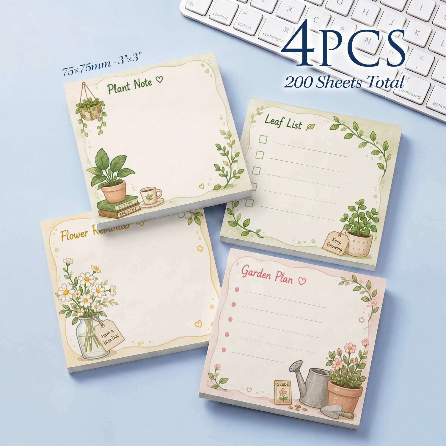 4 Stück 200 Blatt Pflanzenmotiv Haftnotizen, 75x75mm 3x3 Zoll, Blatt- und Gartenplan-Notizblöcke, Blumen-Erinnerungsmemo-Pads, Selbstklebende Notizzettel