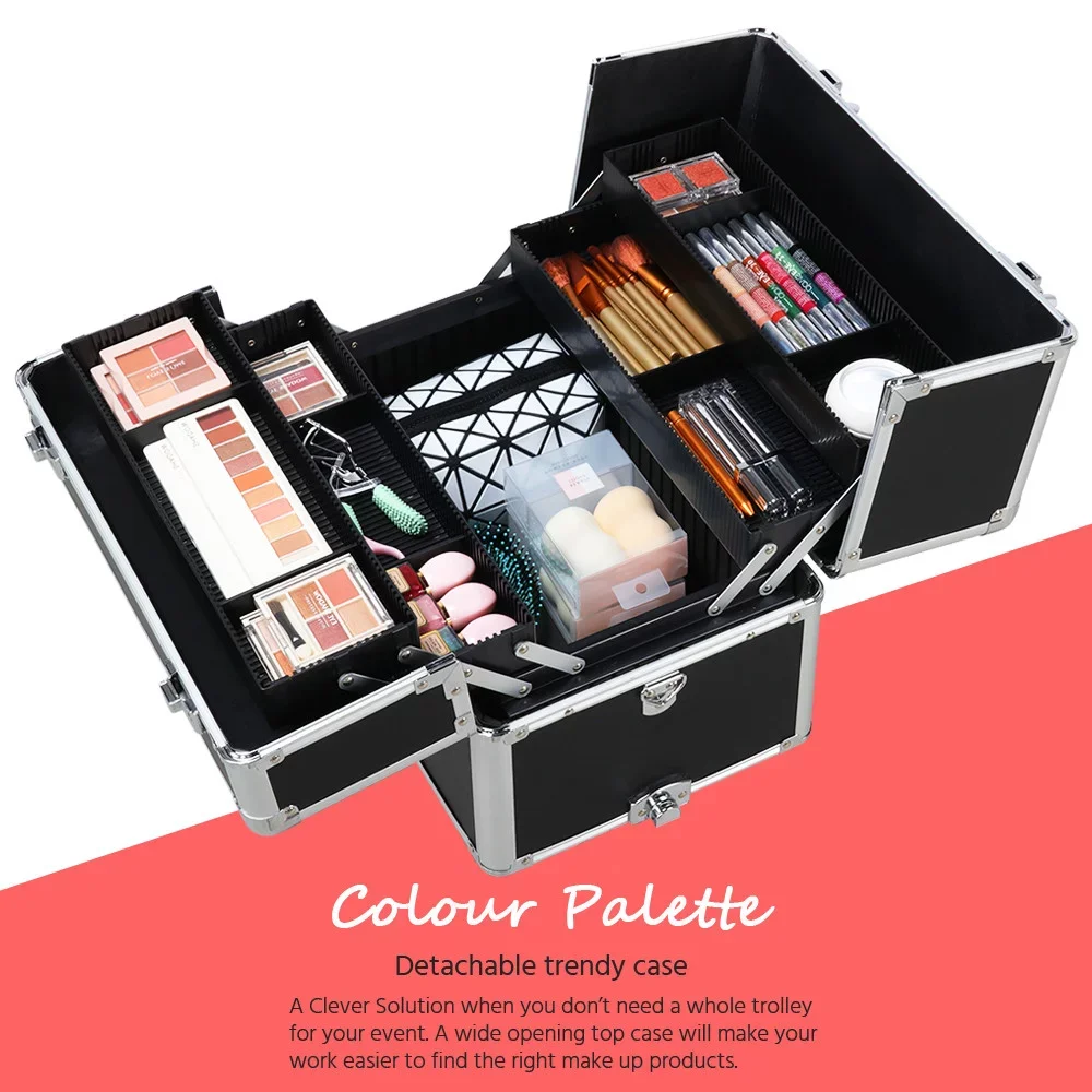 Custodia per trucco professionale 3 In 1 Trolley portatile Organizer nero borsa per cosmetici da viaggio professionale Trolley portatile per treni