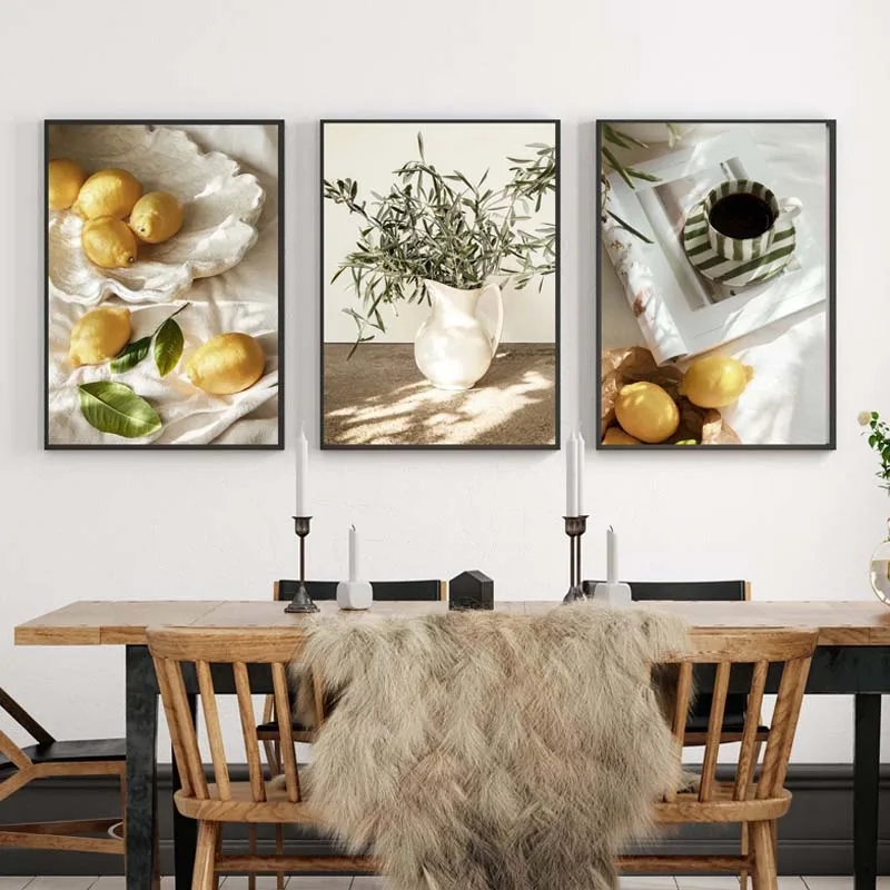 Nature Botanical Olive Tree Pottery Lemon Coffee Poster Mediterranean Still Life Canvas Painting Wall Art Rustic Room Home Decor