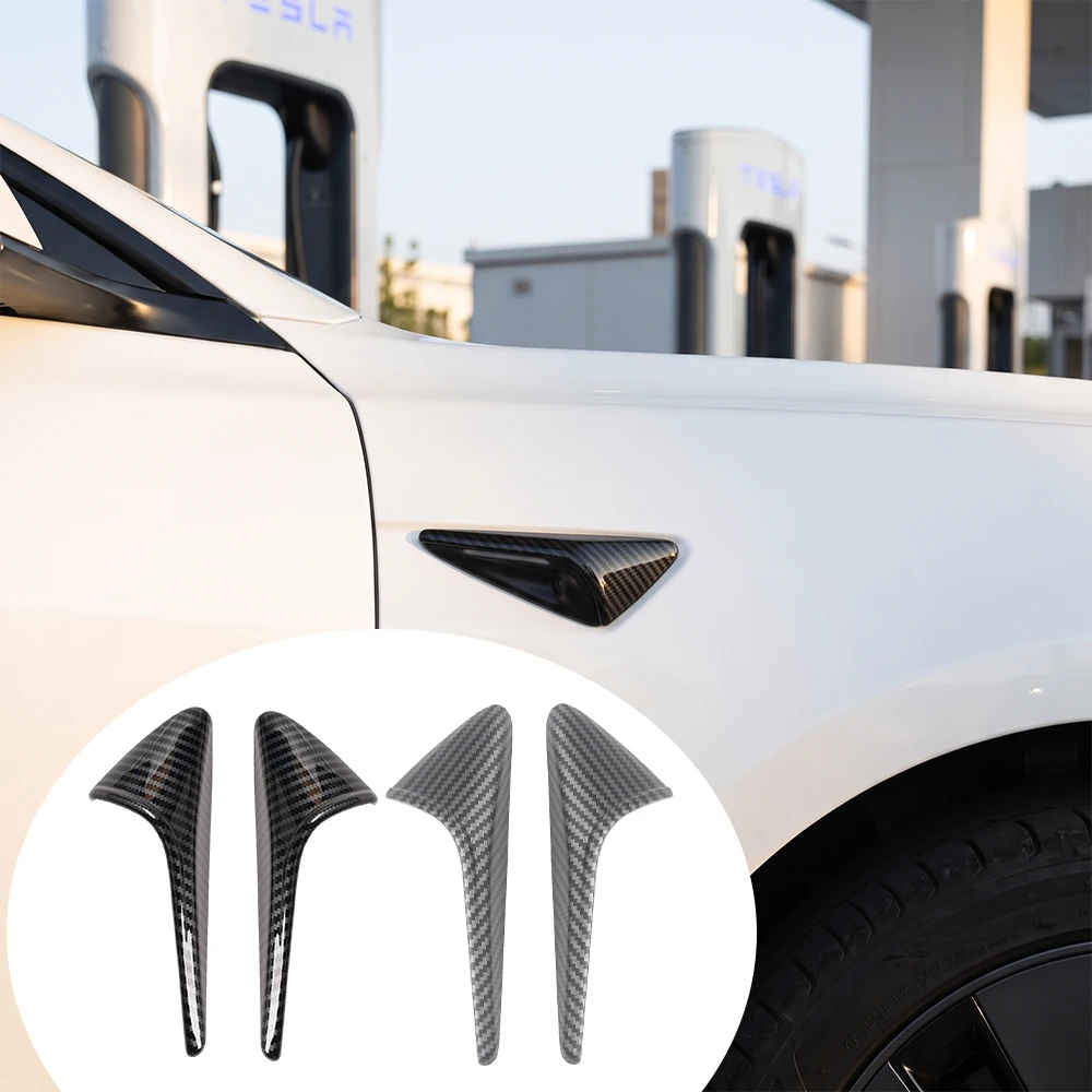 ABS Carbon Pattern Side Camera Cover Car Leaf Board Sticker Accessories For Tesla Model Y Juniper Model 3 Highland