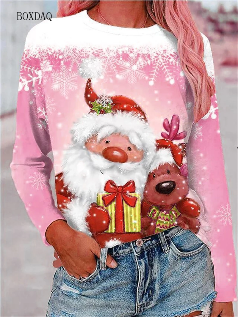 6XL Big Size Women Clothing Christmas T-shirts Autumn Winter Long Sleeve 3d Santa Claus And Snowman Print Cartoon Cute Lady Tops