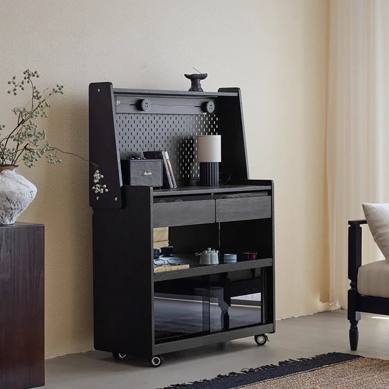 Solid Wood Movable Sideboard with Wheels Sofa Side Cabinet Integrated Storage Coffee Tea Cabinet