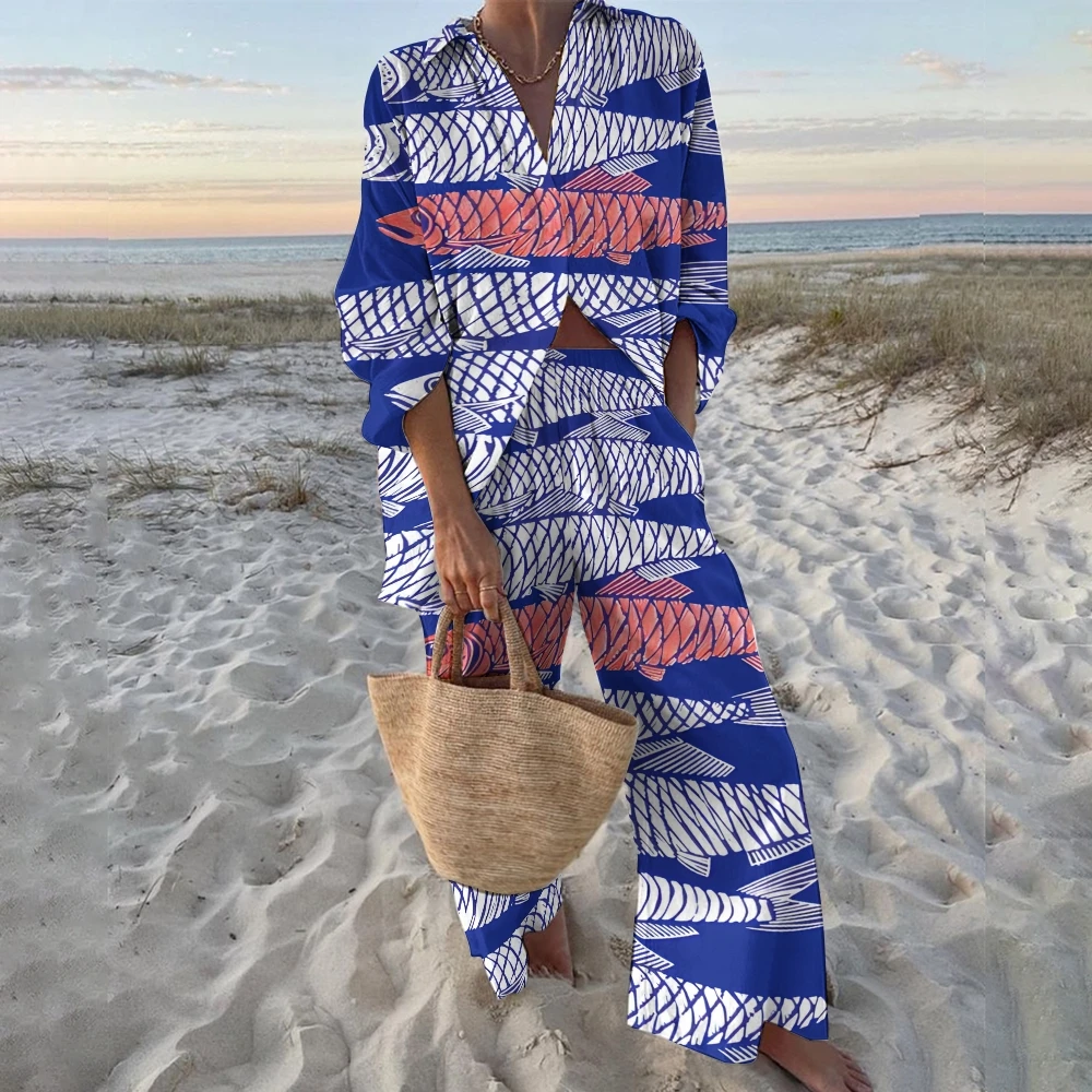 Vintage Casual High Quality Shirt & Trousers Set Sardines Printed Women's Cotton Two-piece Set New Beachwear