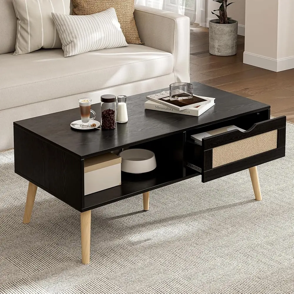 

Coffee Table With Storage, Boho Dining Table With Rattan Drawer And Solid Wood Legs, Small Coffee Tables For Living Room, Black