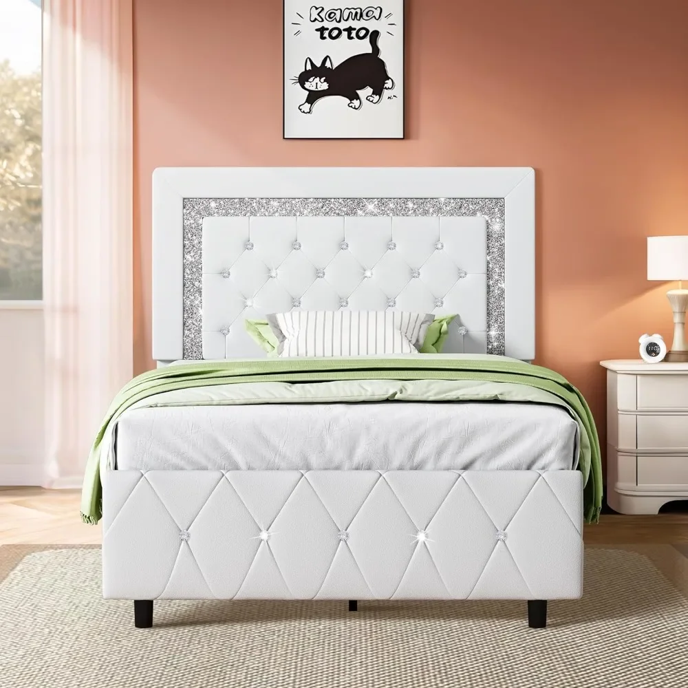 

Twin Bed Frame with Diamond Tufted Headboard, Faux Leather, Wooden Slats Support, Upholstered Bed Frame