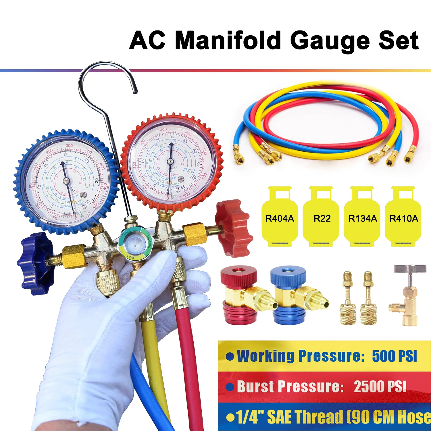 R410A R22 R134a R404A Manifold Gauge Set HVAC A/C Refrigeration Charging Service with Hoses Adjustable Couplers Adapter Can Tap