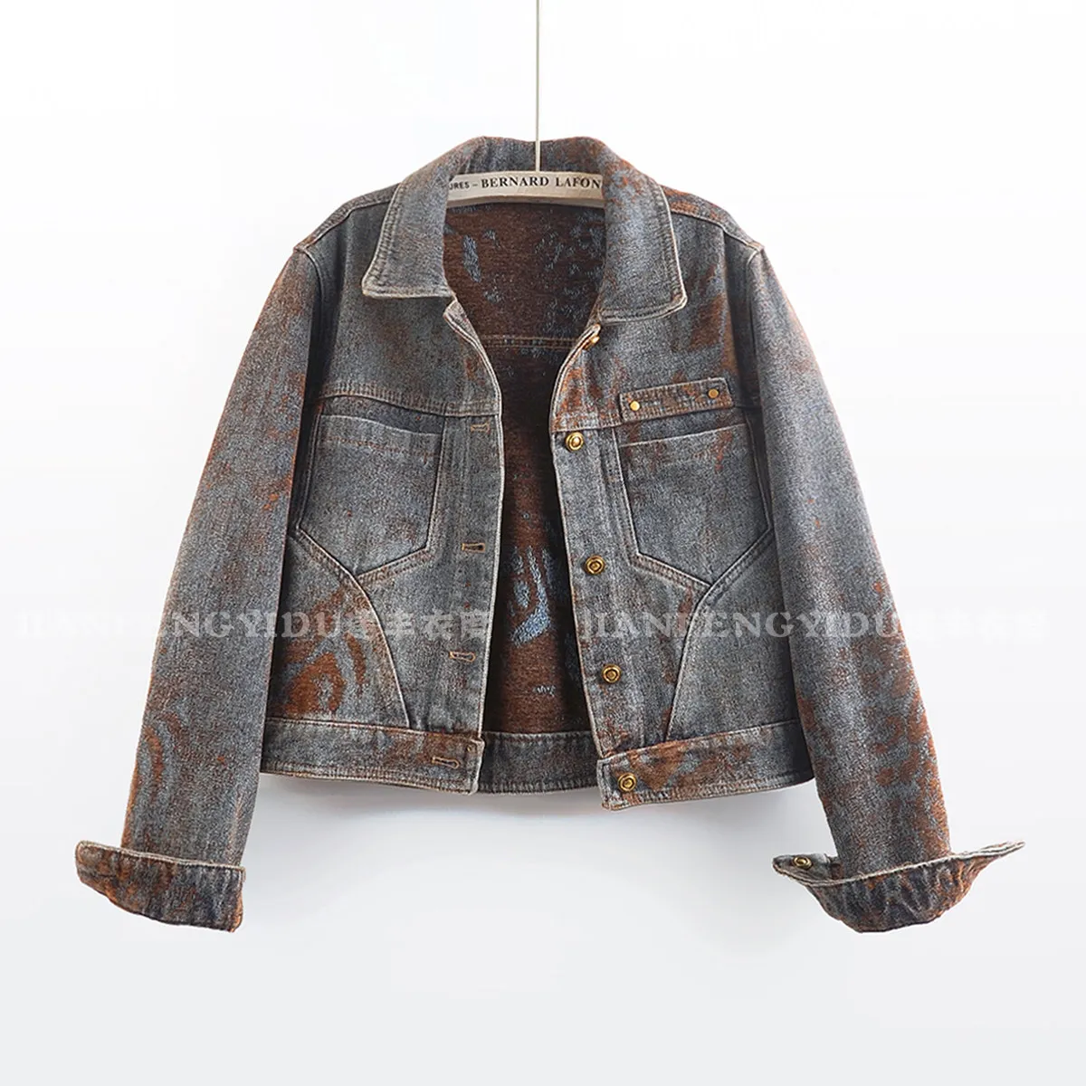 Vintage Jacquard Short Jean Jacket Coat Autumn Women Blue Light Gray Casual Loose Lapel Single-Breasted Long Sleeve Denim Jacket
