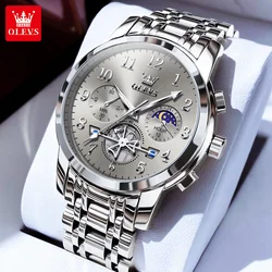 OLEVS Top Brand Men's Watches Fashion Multifunction Original Quartz Watch for Man Wateproof Moon Phase Chronograph Flywheel Grey