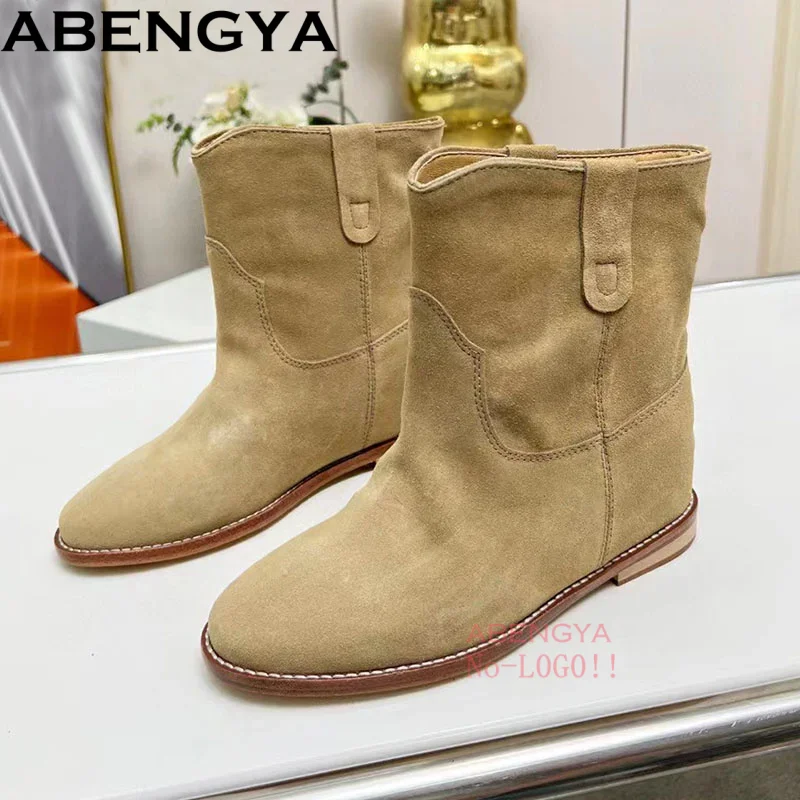 

Suede Leather Ankle Boots For Women Inner Heel Short Boots Women Slip-on Flat Knight Boots Women Casual Shoes
