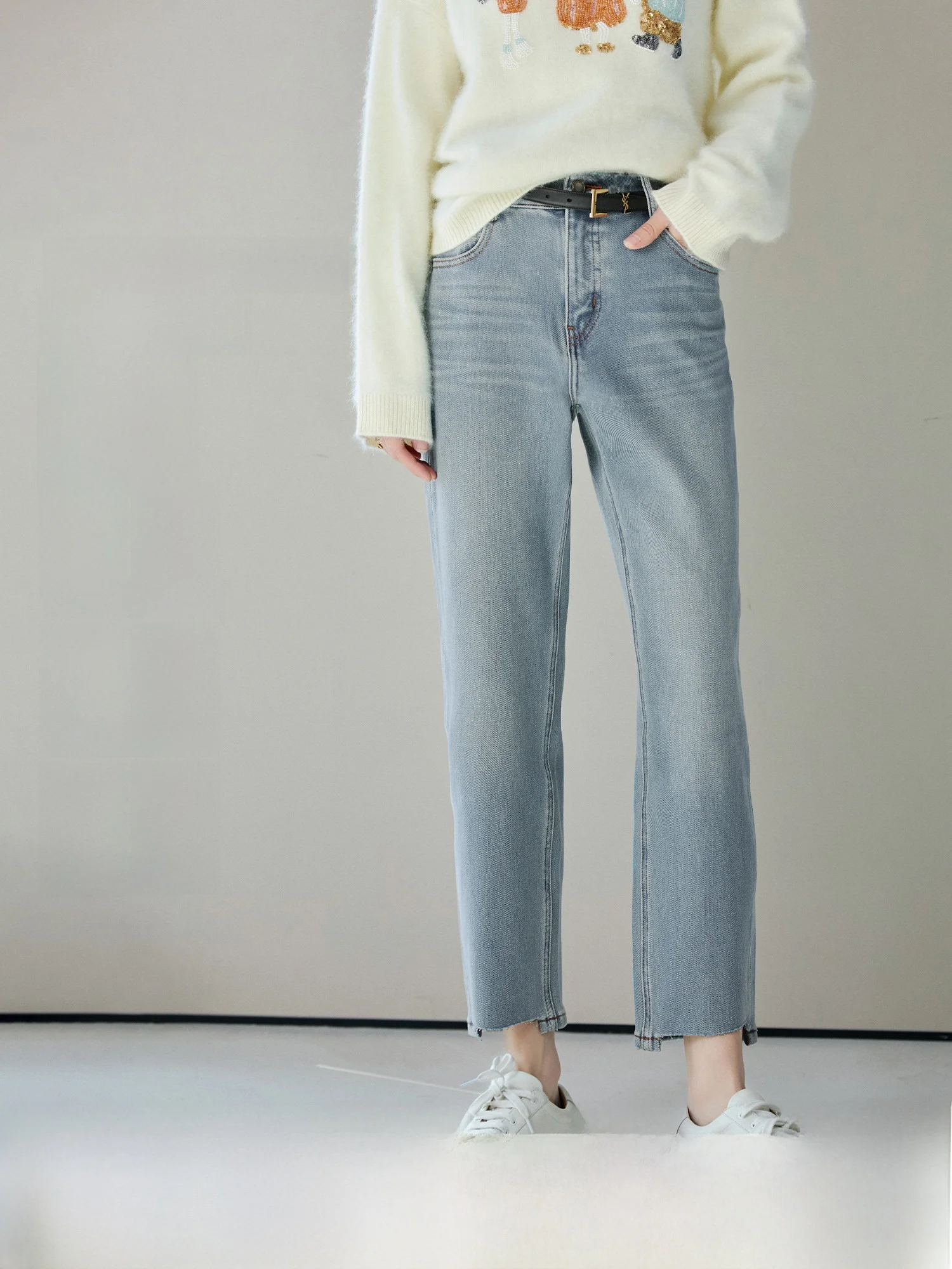 

Classic High Waist Nine-Tenths Denim Jeans Women's Spring Cigarette Pants Long Staple Cotton Twill Casual Style Ladies Jeans