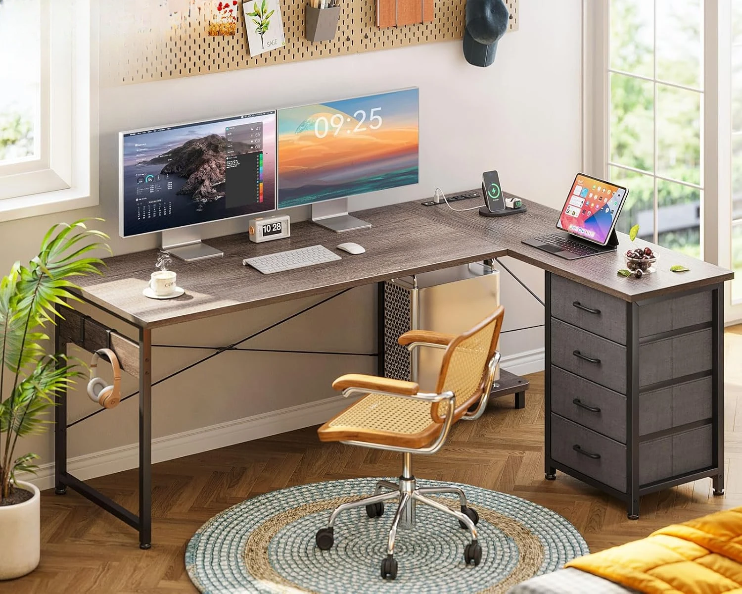 

L Shaped Desk with 4 Tier Drawers, Reversible Gaming Desk with Power Outlet, Computer Desk with USB Charging Port and Host Stand