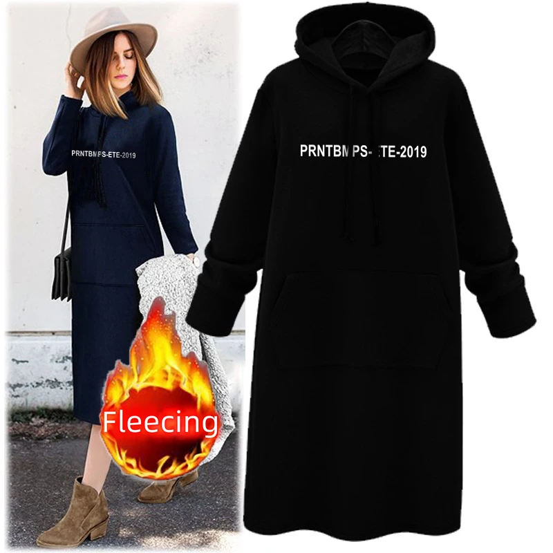 Fleece Hooded Shirt Zip-up Sweatshirt Letter Knee Length Dress Casual Woman Clothes Streetwear Winter Long Sleeve Sportwear Y2K