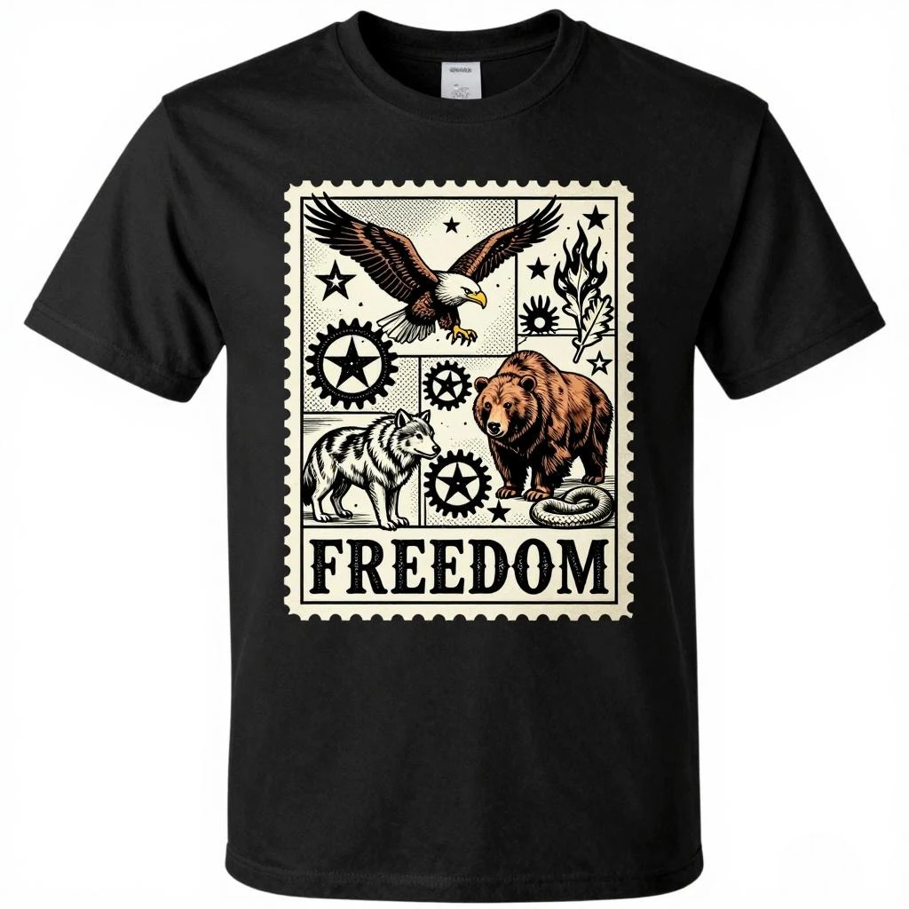 Freedom Eagle Bear Wolf Stamp Print T-Shirt Men Women Vintage Wild Animal Graphic Casual Cotton Tee Cotton Short Sleeve Tops