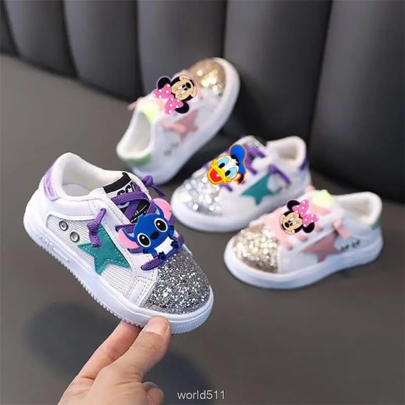 Disney-zapatillas de deporte de Mickey y Minnie para niñas, zapatos informales de moda para bebés, Tenis infantiles con lentejuelas y puntadas,