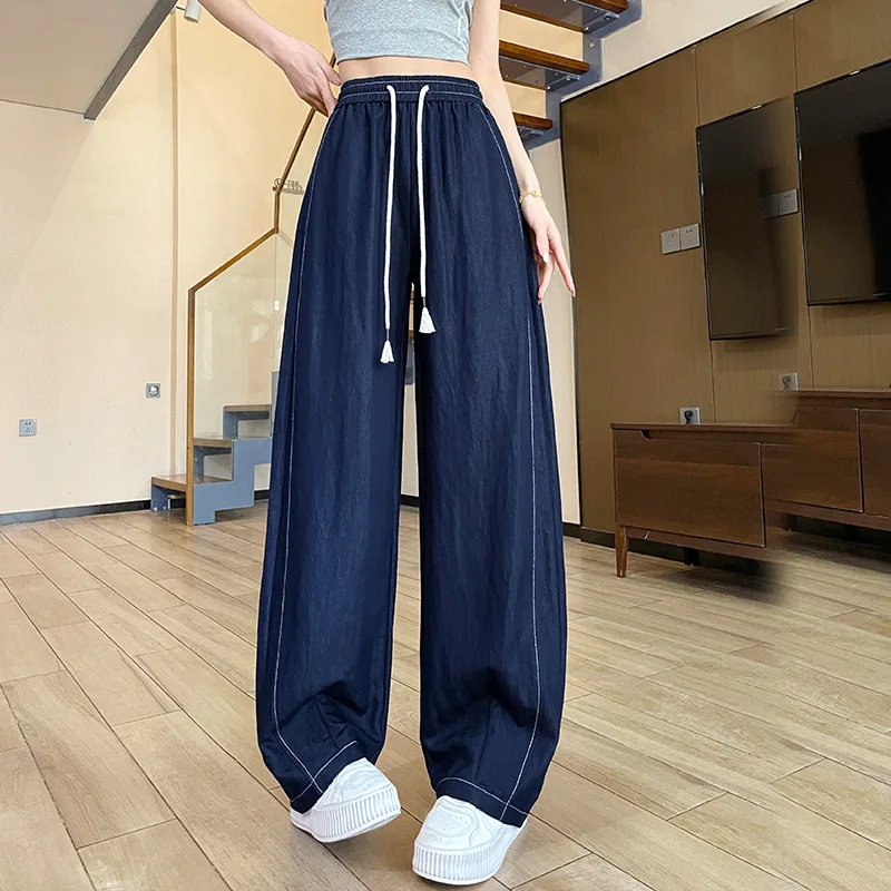 

Женские легкие широкие джинсы Yapher с высокой талией и эластичными брюками на шнурке, дышащие темно-синие повседневные брюки