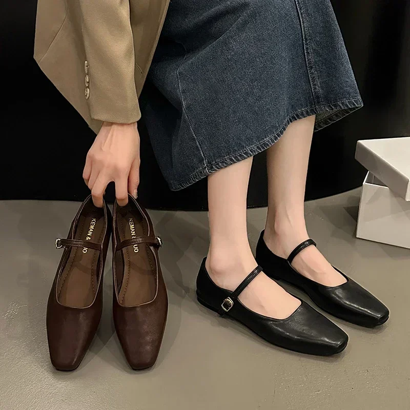 

Mary Jane Single shoes Thick Heel Shoes Elegant Classic Retro Square Toe Comfortable Soft Shallow Cut Low Heel Women's Shoes