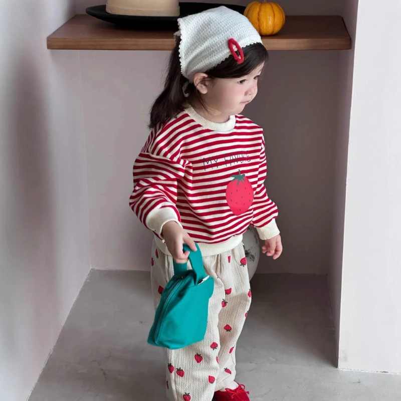 

2026 Spring/summer New Hot Selling Striped Cute Long Sleeved Sweatshirt and Strawberry Patterned Long Pants Two-piece Set
