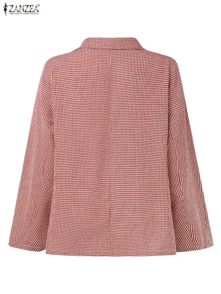 2025 ZANZEA Fashion Musim Gugur Blazer Kotak-Kotak Wanita Lengan Panjang Setelan Kasual Longgar Elegan Mantel Kantor Wanita Musim Dingin Kancing Luaran