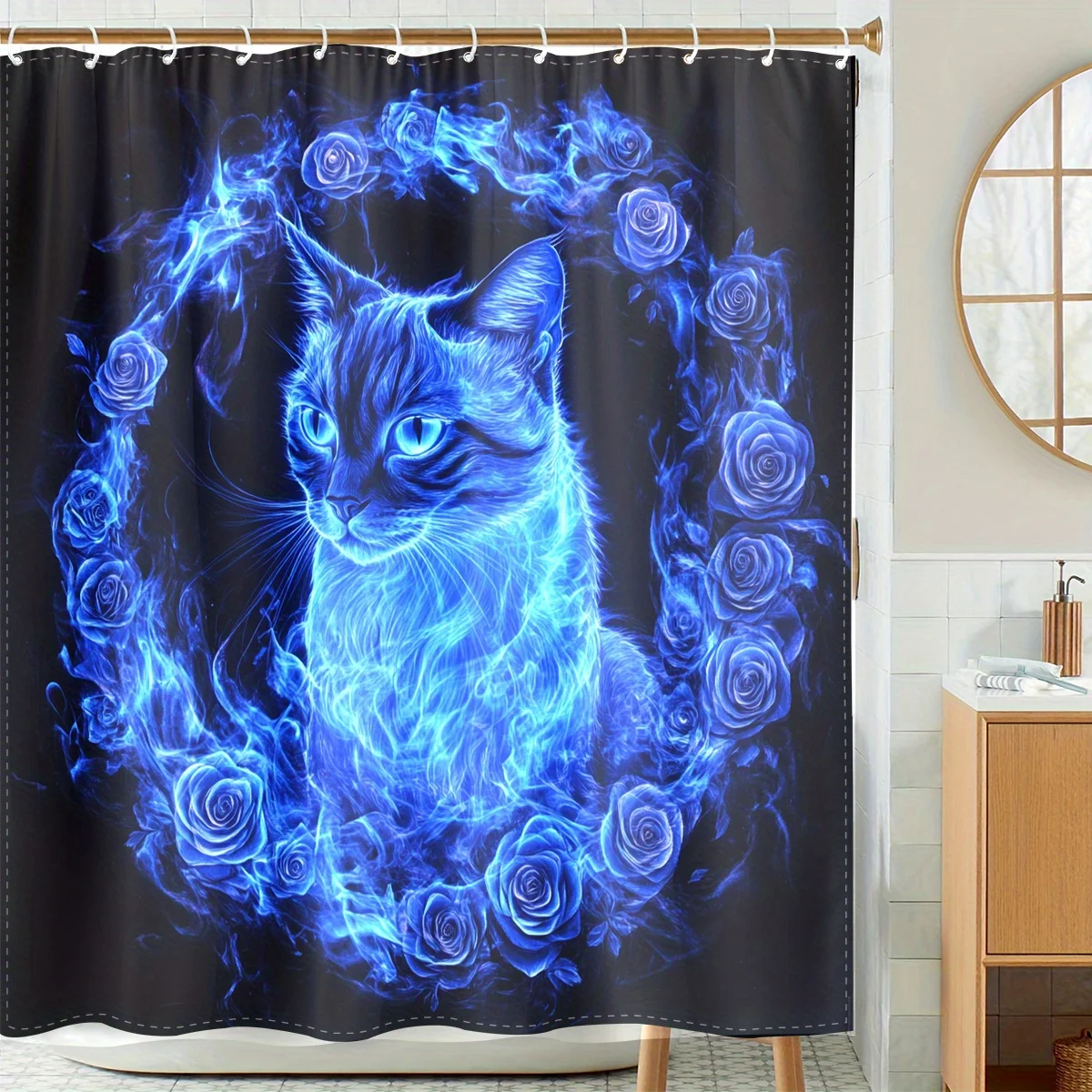 

1pc Whimsical Cat & Rose Digital Printed Shower Curtain - Vibrant Blue Polyester Fabric with Hooks, Stylish Bathroom Decor for