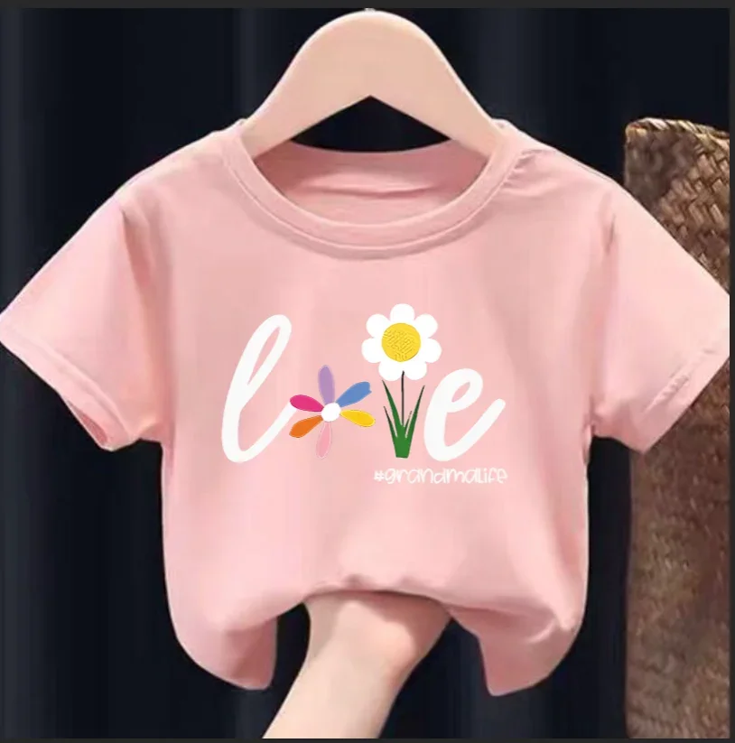 Top de manga corta con cuello redondo para niñas, Top con estampado de flores en inglés, ropa de verano para niños y niñas, nuevo estilo