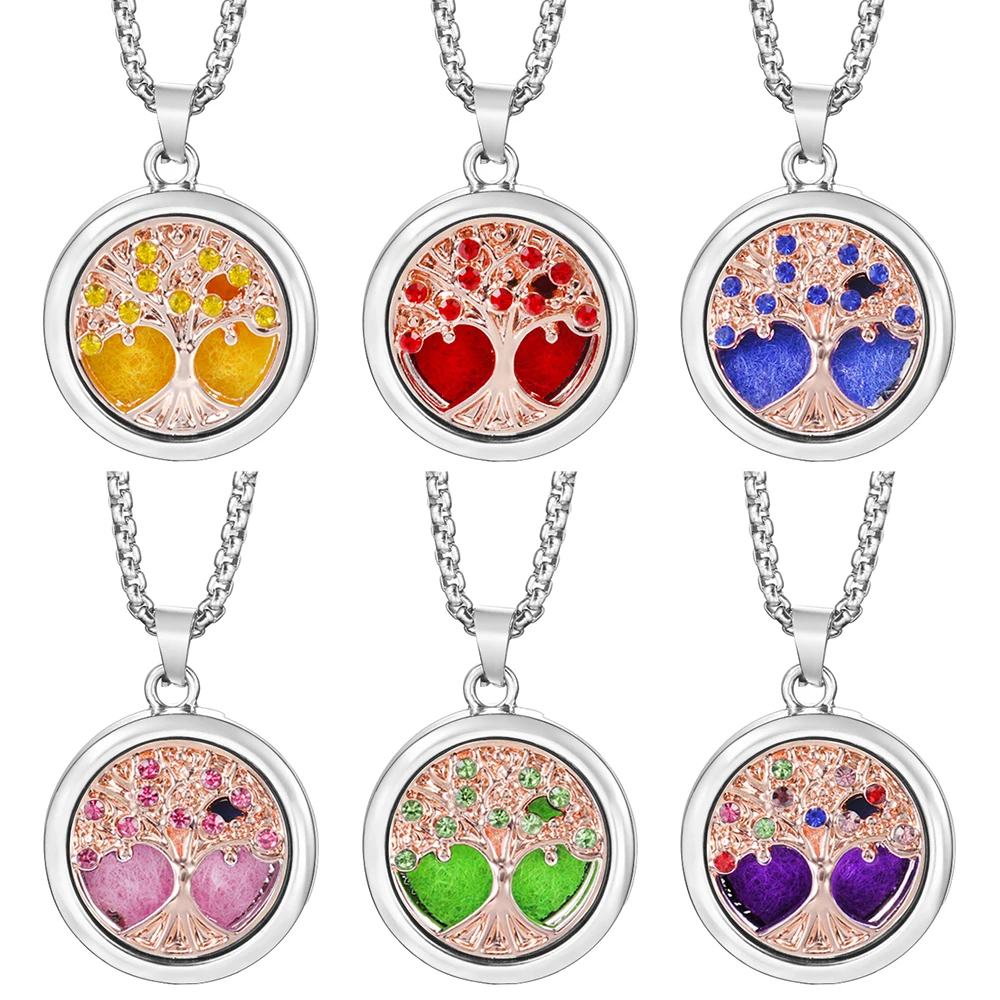 Trendy 20mm Rose Gold Tree of Life Insert Perfume Pad Locket Aromatherapy Pendant Necklace Essential Oil Diffuser Women Jewelry