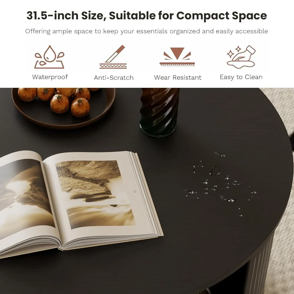 

31.5 Inch Fluted Coffee Table with Storage, Mid Century Modern Round Coffee Table with Shelf, Center Table with, Customized