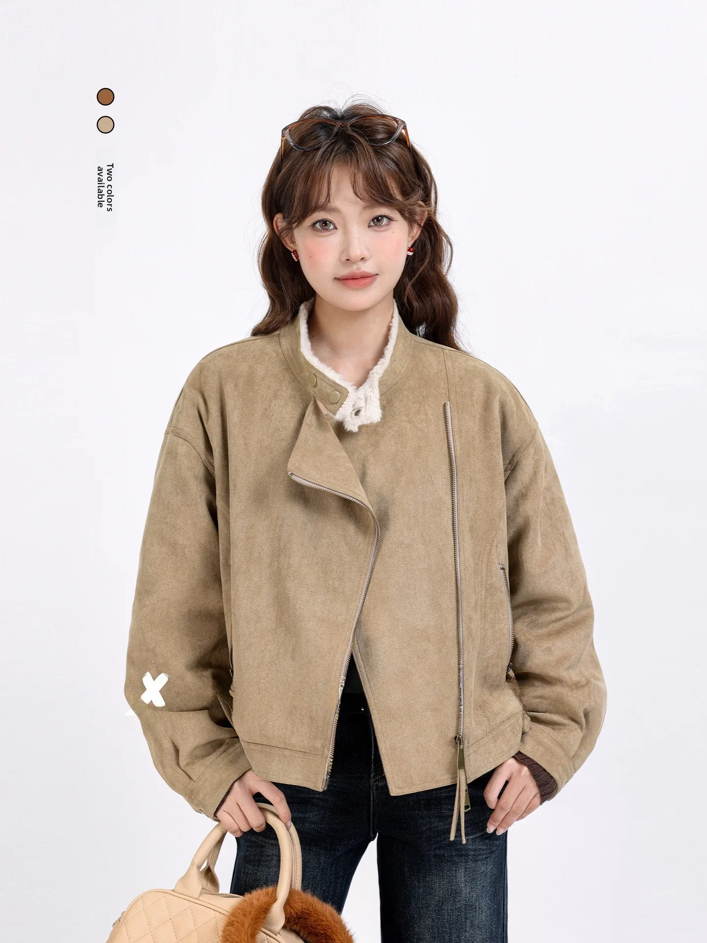 

Faionable ort Suede Jaet Winter 2025 Women's Korean Sle Warmth Lined Stand Collar Motorcycle Sle All-Match Outerwear
