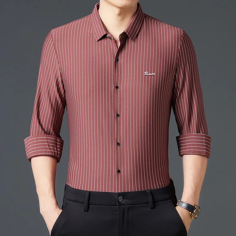 Camisas casuales elásticas para hombre Camisa de vestir a rayas de manga larga Camisas de trabajo de negocios sin arrugas Camisa de vacaciones