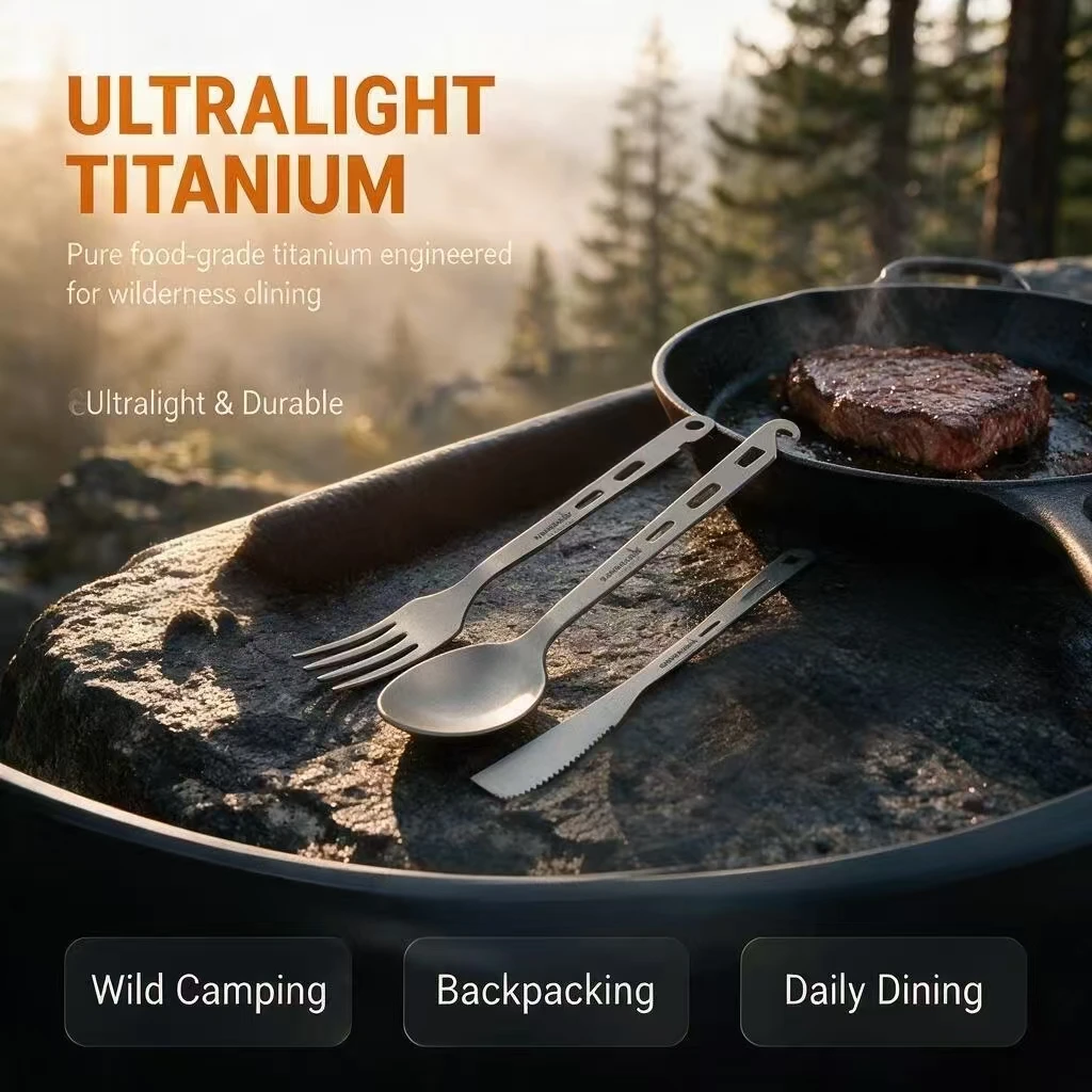 DAWN DEER Pure Titanium Tableware Set Household Frosted Knife and Fork Spoon Travel Camping Portable Knife Spoon Fork Set