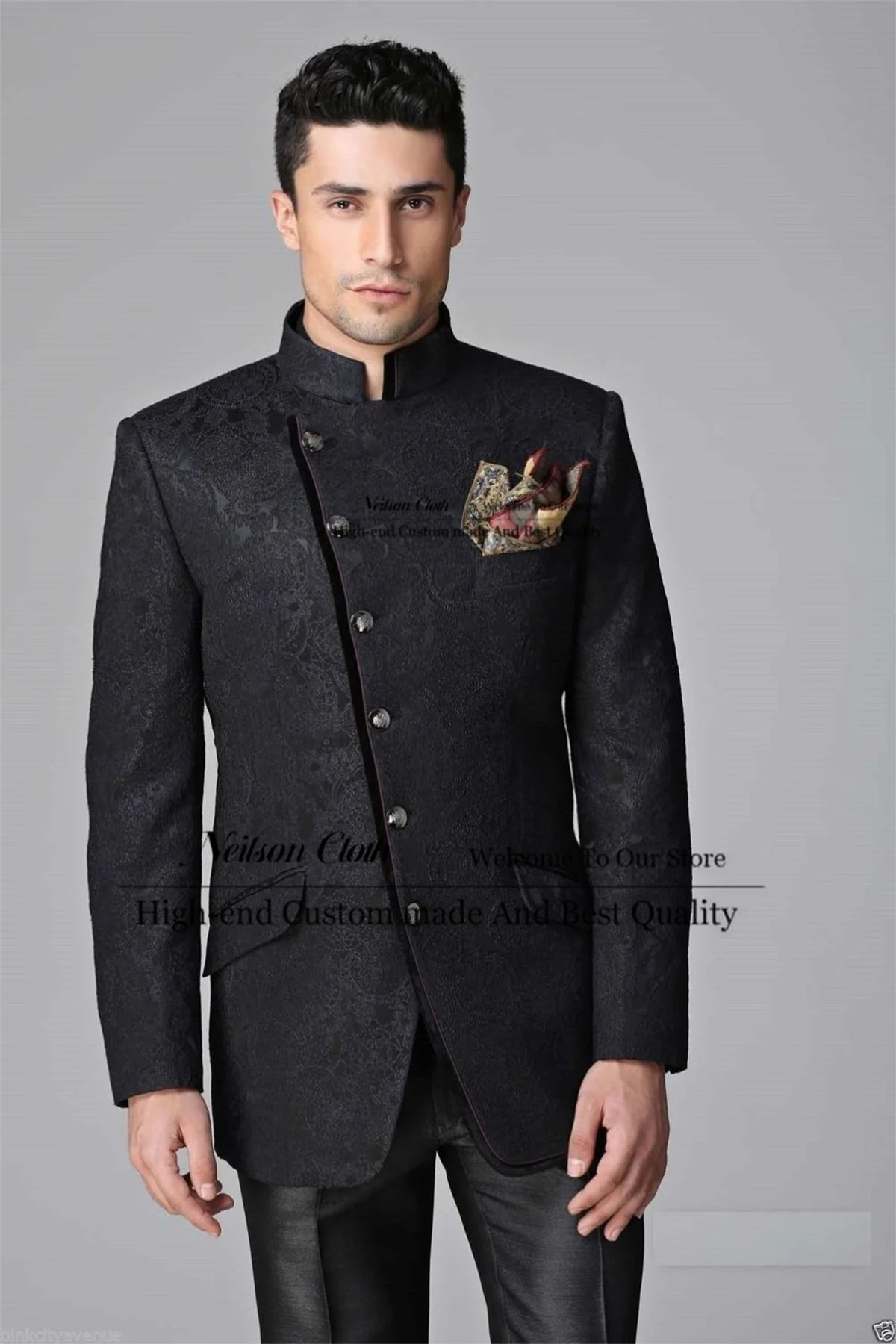 Black Jacquard Male Prom Blazers 2 Pcs Sets Slim Fit Groom Wedding Tuxedos Business Customized Stand Collar Terno Masculino