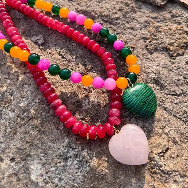 

Jenny&dave Jewelry Necklace Necklaces For Women Colorful Natural Stone Bead Necklace With Peach Heart Collarbone Chain