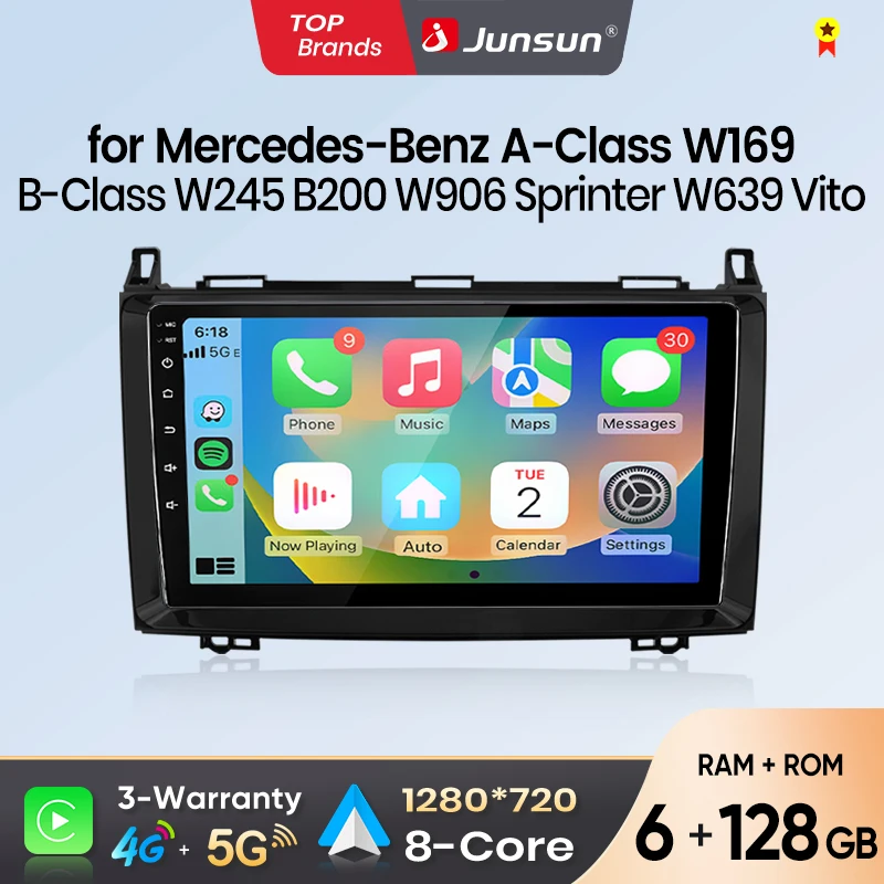 Radio samochodowe Junsun z Android Auto dla Mercedes Benz W169 W245 B200 W906 Sprinter W639 Vito, multimedialny system z bezprzewodowym Apple CarPlay, inteligentny system, ekran dotykowy IPS,