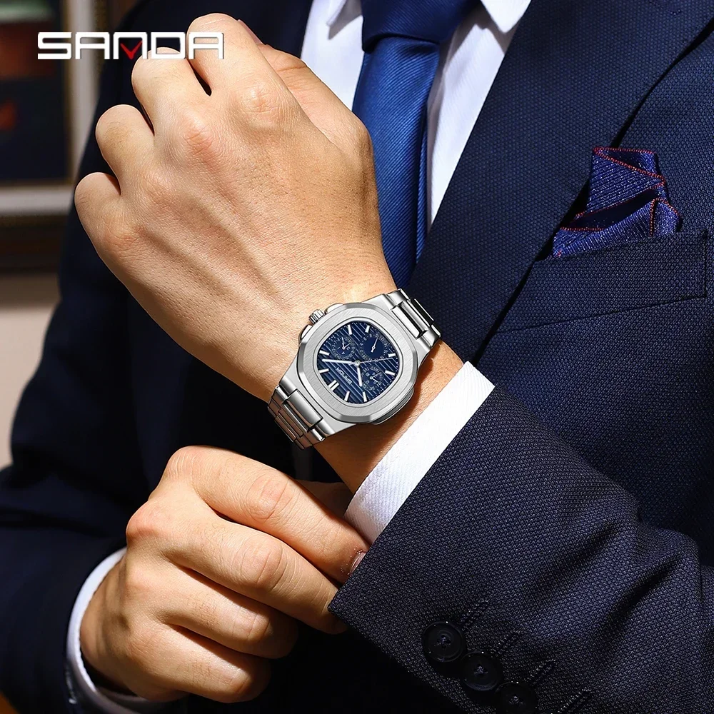 Sanda 7053 moda de luxo negócios à prova dwaterproof água relógio masculino luminoso data completa aço inoxidável quadrado quartzo relógio masculino reloj hombre
