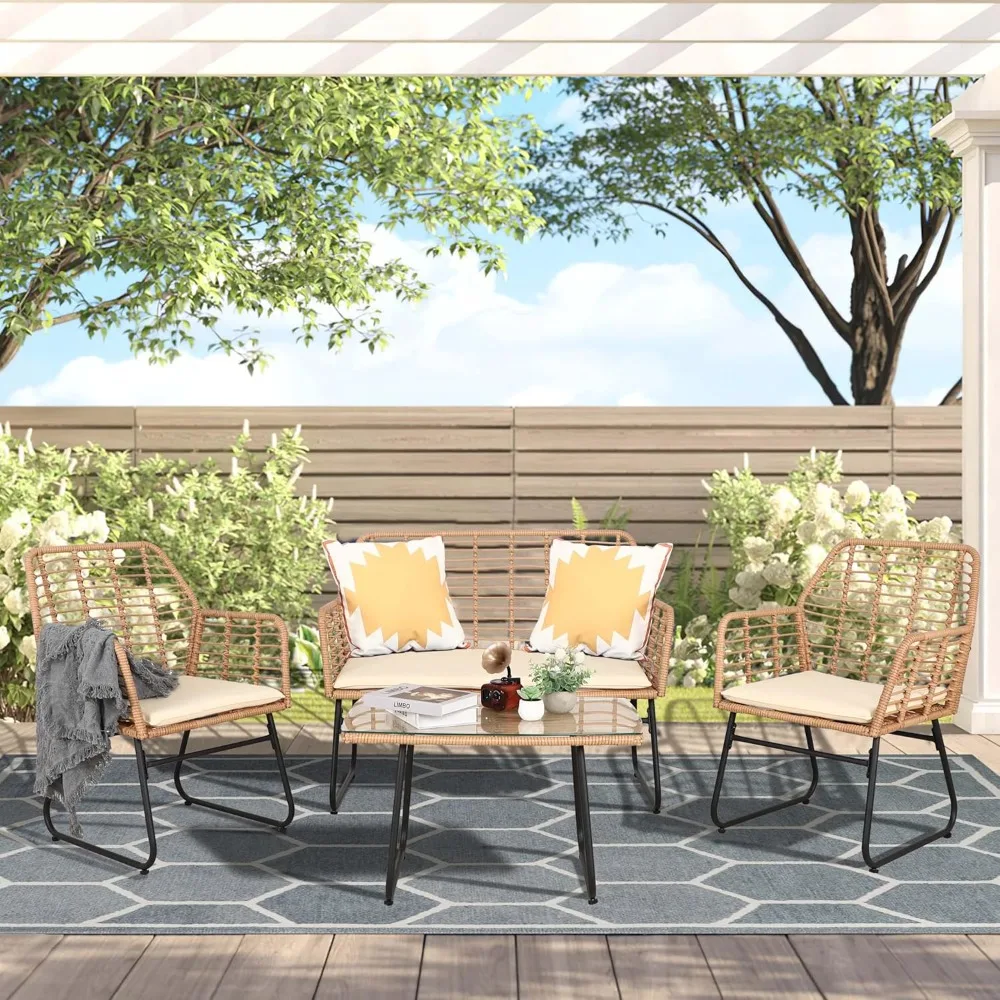 

4-piece courtyard dialogue furniture set, backyard, front porch, beige rattan courtyard furniture set