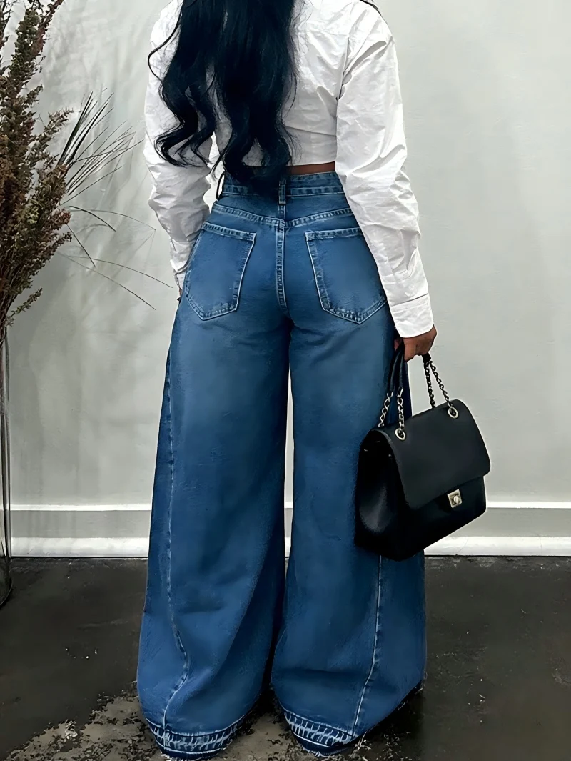 2026 Women Washed Blue Patchwork Flared Jeans Loose Wide Leg Tassel Hem Denim Trousers