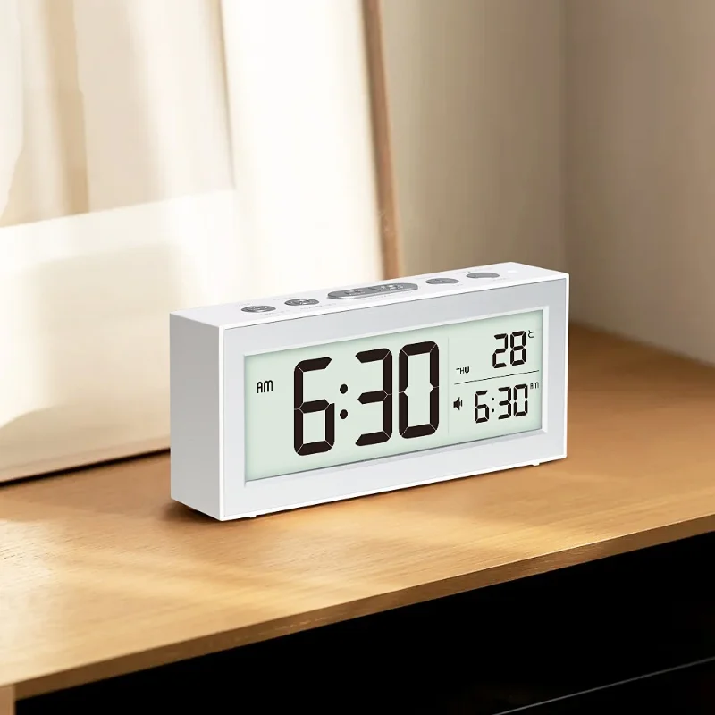 Battery Powered Digital Alarm Clock TEMP Date Backlight Night Vision Unlimited Snooze Table Clock 12/24H Auto Dimmable LCD Clock