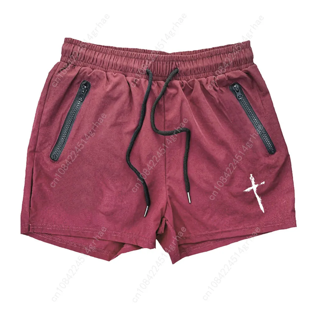 Men's Cross Print Beach Shorts Summer Quick Dry Side Double Zipper Pockets Design Running Basketball Training Gym Shorts