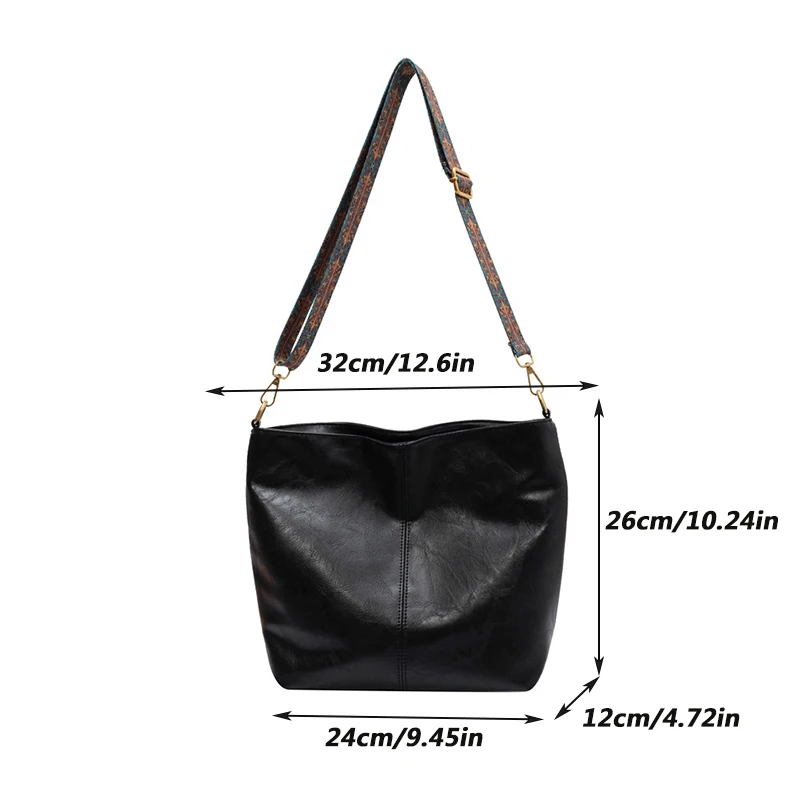 Vintage Solid Color PU Leather Women Fashion Shoulder Sling Bag Simple Wide Strap Bucket Crossbody Bag