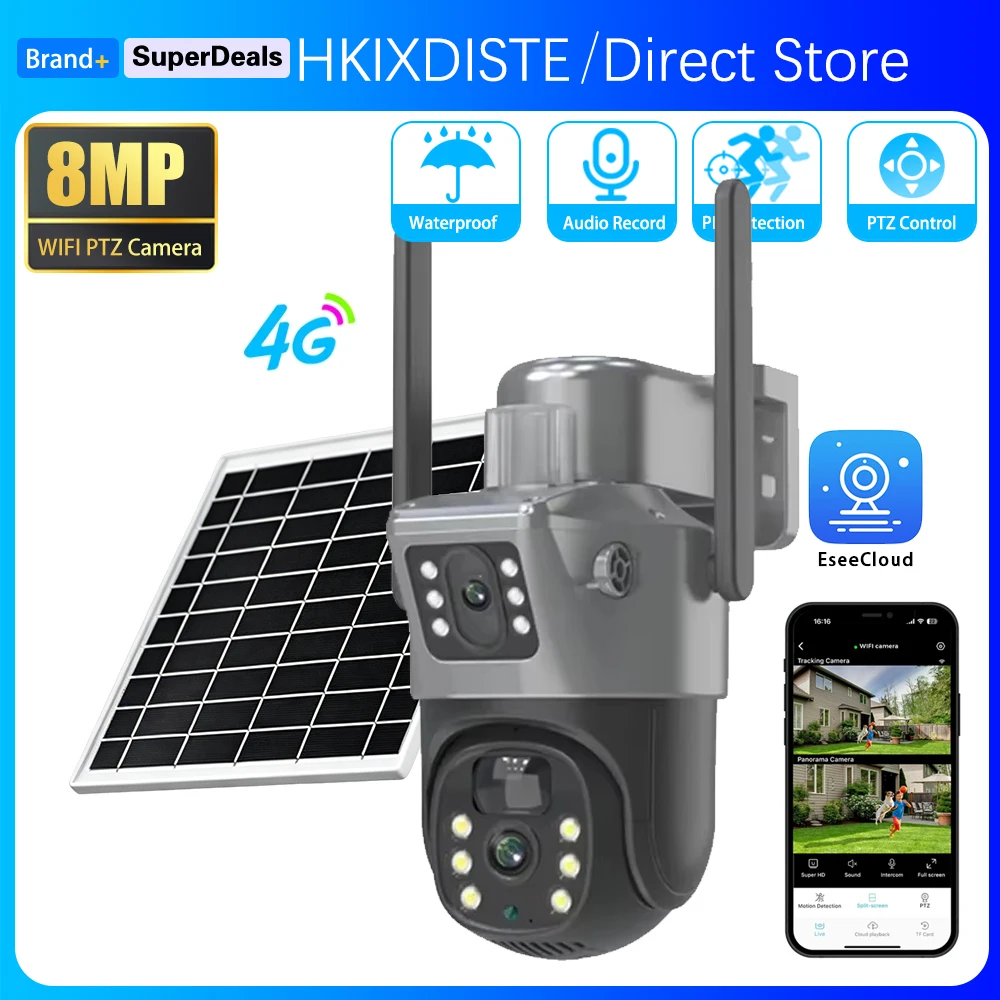 

4K 8MP 4G SIM Card Dual Lens Dual Screen PTZ Solar Camera PIR Human Tracking Outdoor Security CTV Surveillance IP Camera