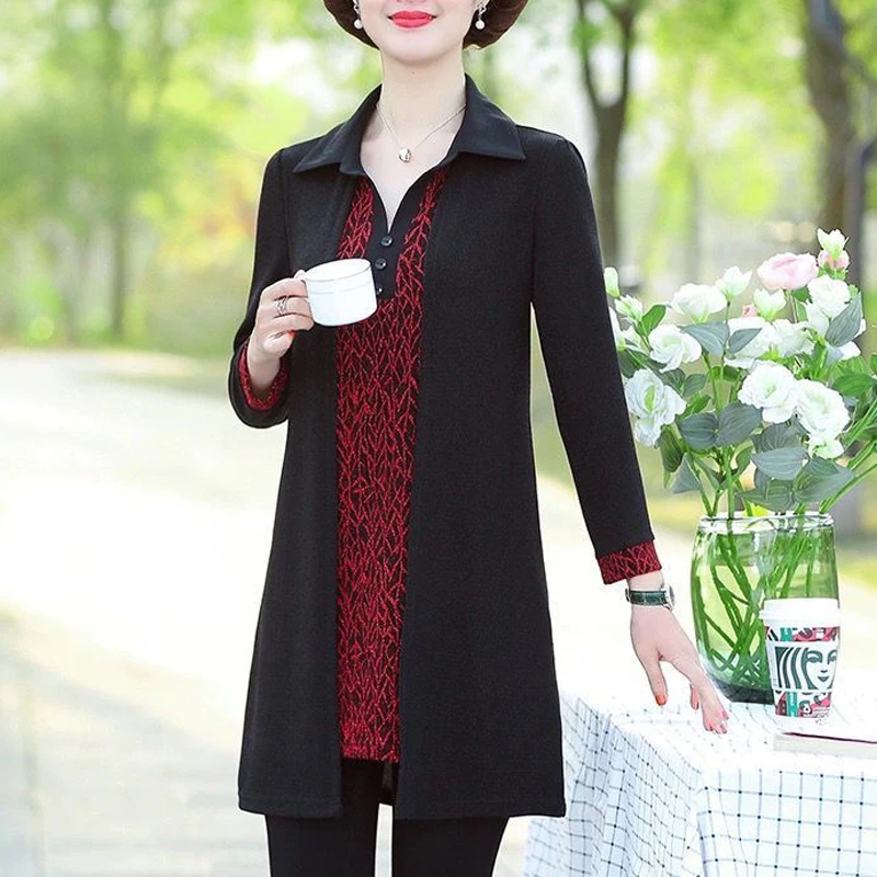 Korean Elegant Middle Aged Women Spring Autumn New Fashion Bright Silk Fake Two Pieces Tunic Blouse Top Long Sleeve Loose Shirts