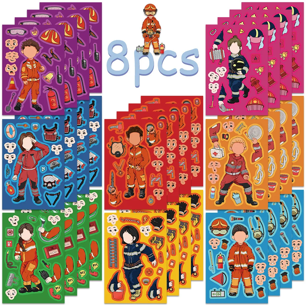 8/16Sheets Cartoon Firefighter Make a Face Puzzle Stickers Kids Toy Jigsaw Assemble Funny Decals DIY Game Party Gifts Decoration