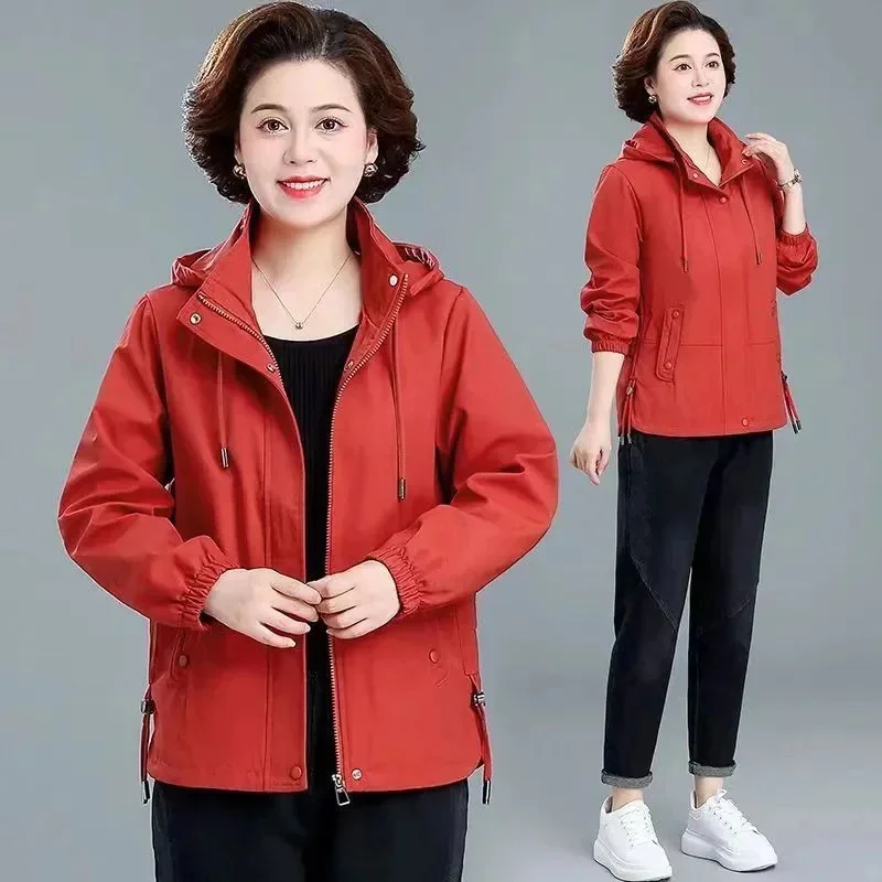 

Middle-aged Mother Windbreaker Jacket Women 2026 Spring Autumn New Temperament Casual Hooded All-Match Trench Coat Ladies Top