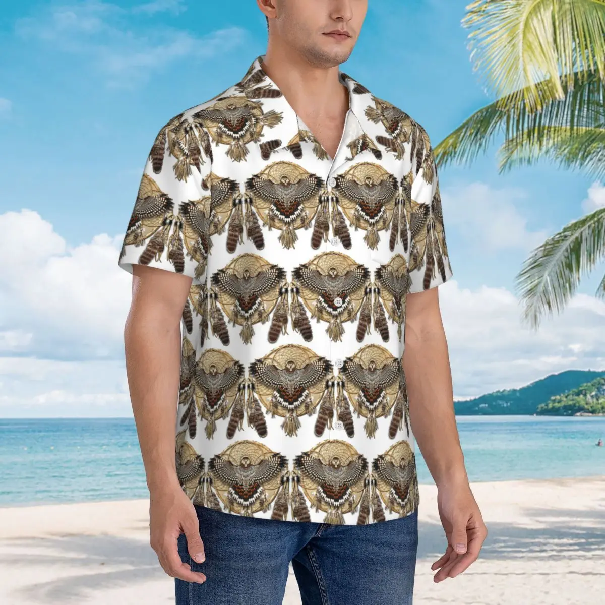 

Red-Tail Hawk Dreamcatcher Mandala Hawaiian Shirts Fashion Men Short Sleeve Shirt for Summer Beach Men's Button Tops