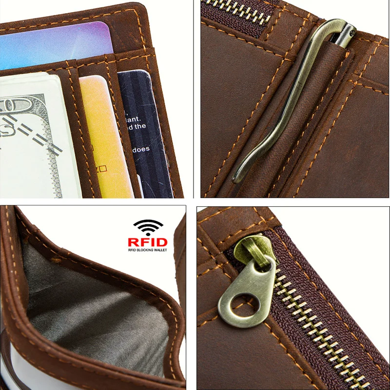 Cartera de cuero genuino RFID para hombre y mujer, billetera delgada plegable con Clip para dinero, Mini monedero, tarjetero de bolsillo