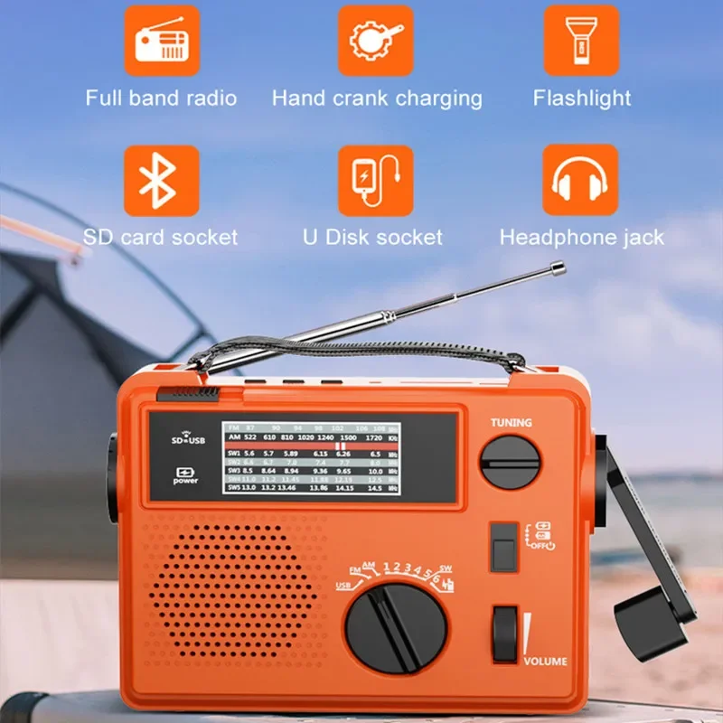 Portable Manual Crank Charging Radio AM/FM/SW Multi-band Radio, U Disk TF Card Player, Outdoor LED Flashlight